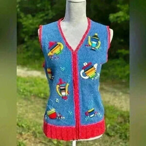 Vintage Susan Bristol sweater vest. Teapots. Whimsy. Quirky. Ugly sweater